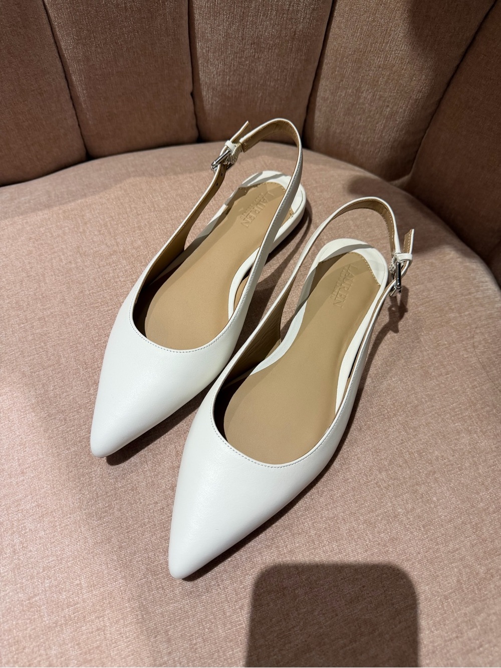 LAUREN BY RALPH LAUREN 7 White Leather Pointed Toe Slingback Flats